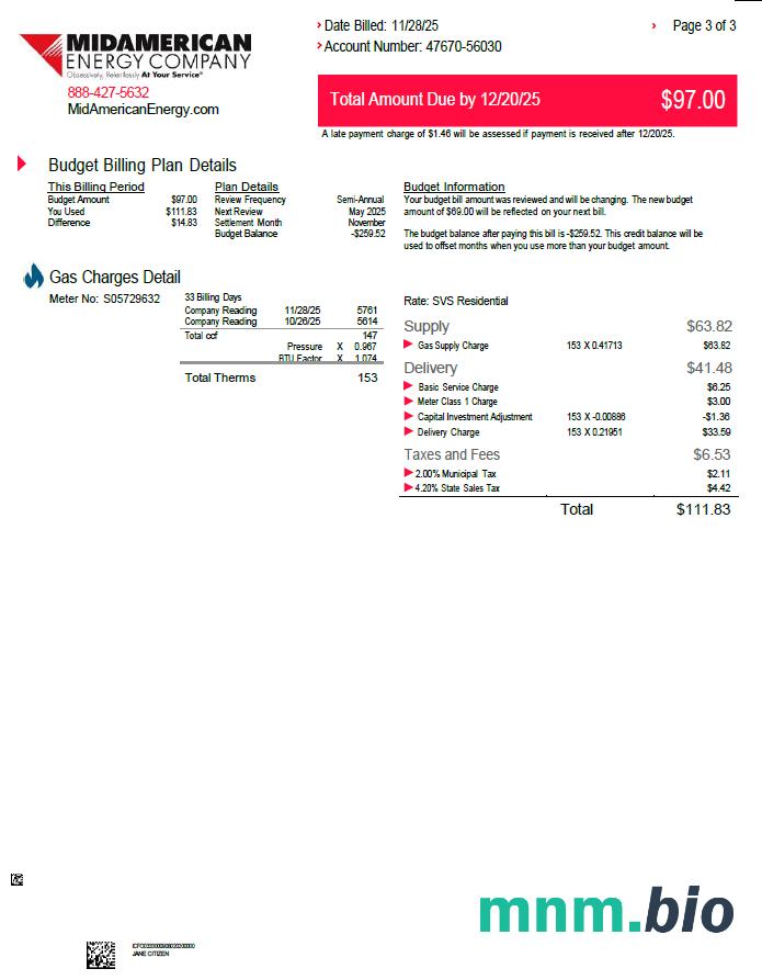 Szablon rachunku za media w USA MidAmerican Energy Firma w formatach Word i PDF, 3 strony, 3. strona